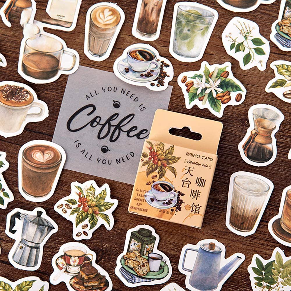 46pcs Coffee Theme Laptop Stickers - DIY Decorative Vinyl Stickers for Laptop, Notebook, Planner, Scrapbook, Suitcase & Diary (Cafe Style) - Perfect for Office, School & Travel Accessories