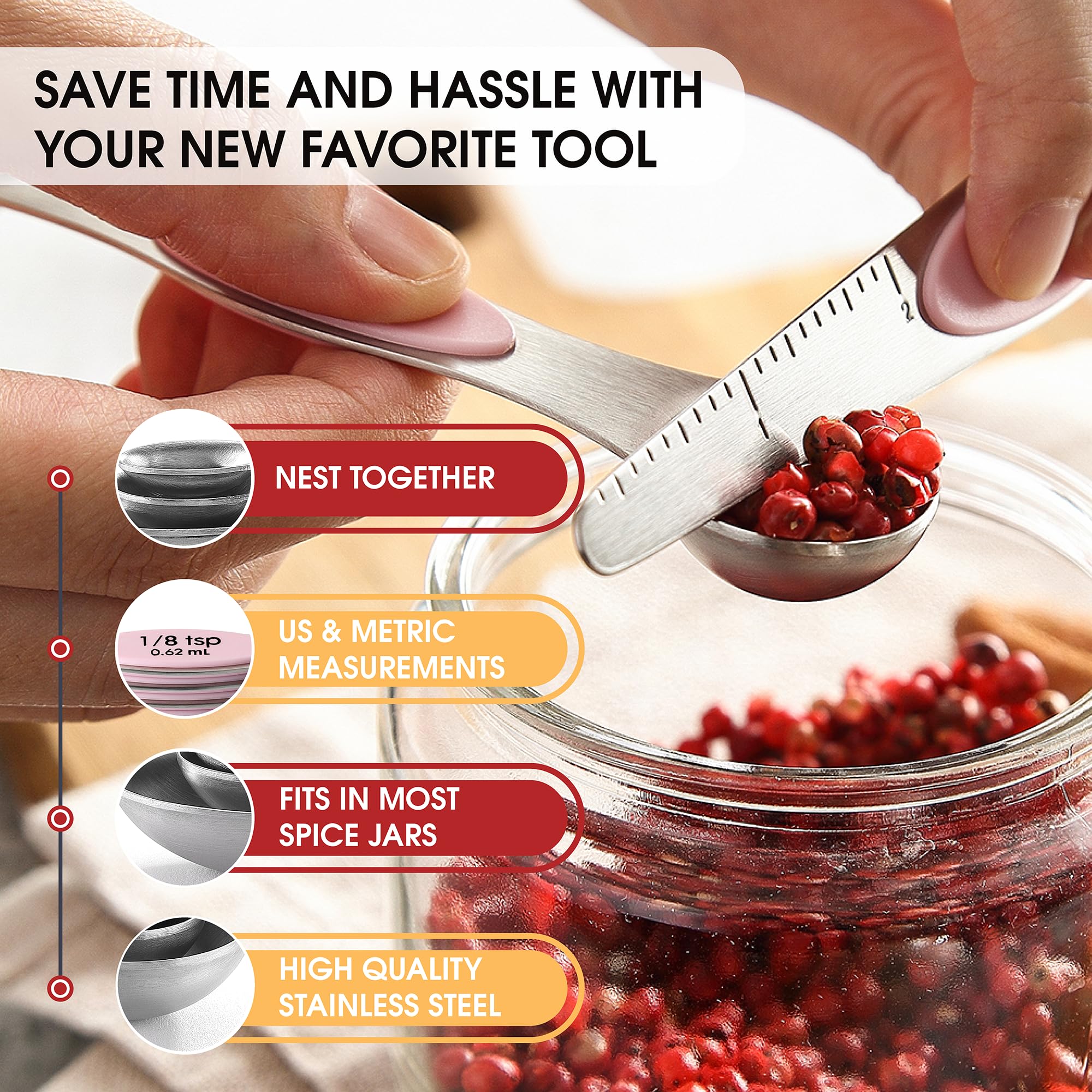 Spring Chef 8-Piece Stainless Steel Magnetic Measuring Spoons Set - Dual Sided Teaspoon & Tablespoon with Leveler, Strong Magnets - Perfect for Baking, Cooking & Meal Prep - Pink Lemonade Kitchen Gadgets