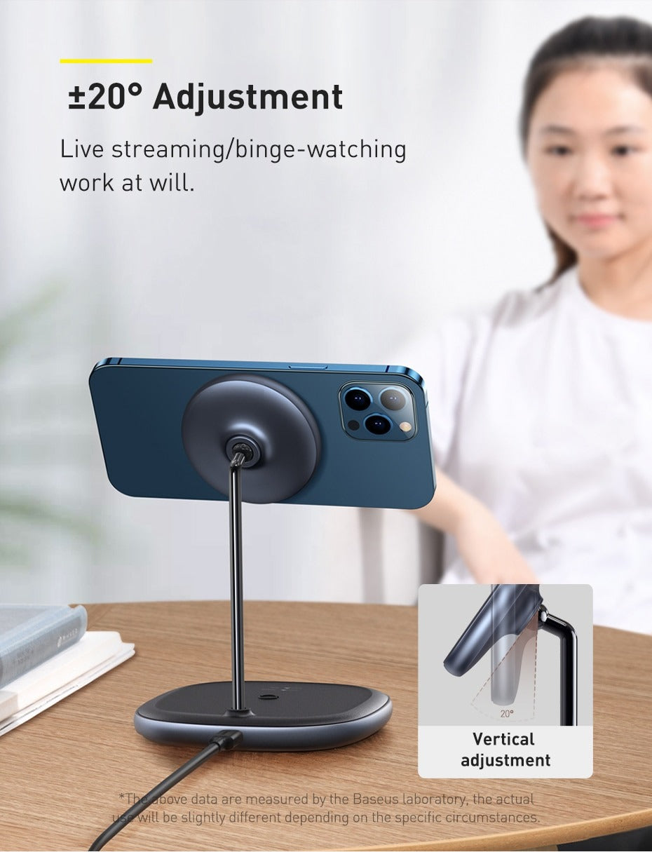 Baseus Magnetic Wireless Charger Stand - 15W Fast Charging for iPhone 12/13/14/15 Pro Max, AirPods, Samsung Galaxy - Adjustable Desktop Phone Holder (Perfect for Office, Bedside & Car Use)