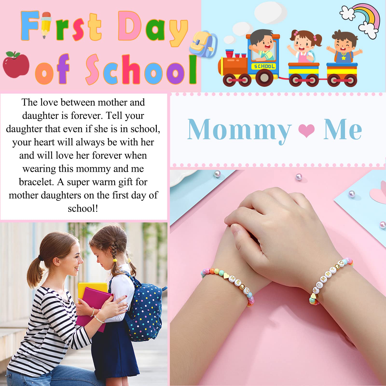 UNGENT THEM First Day of School Bracelet Set - Matching Mom and Daughter Bracelets, Back to School Gifts for Girls | Perfect for Mother-Daughter Bonding, School Memories & Special Occasions