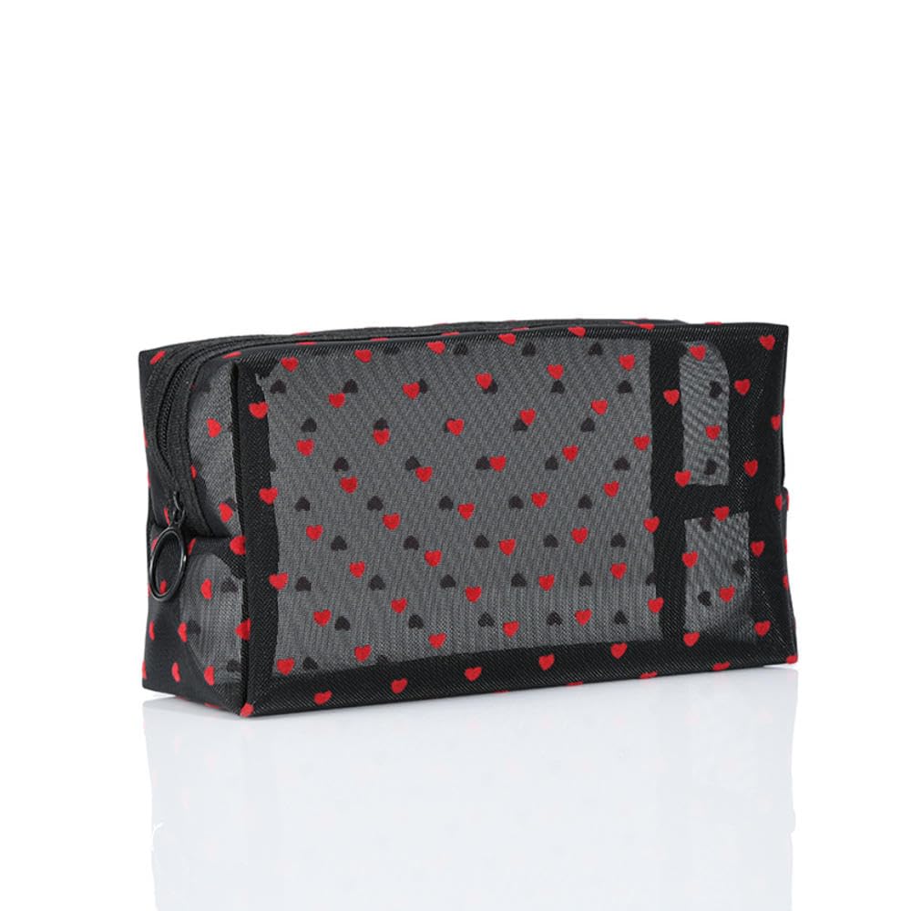 Small Mesh Makeup Bag - Travel Cosmetic Case for Beauty Accessories & Toiletry Storage (Black Red-Polka Dot)