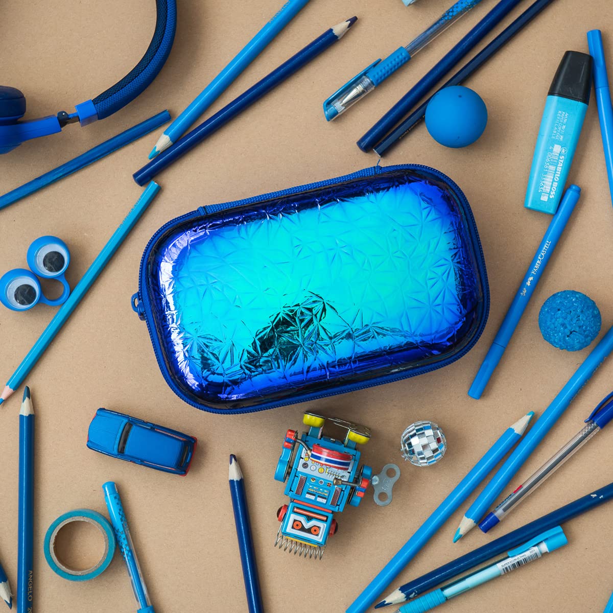 Metallic Pencil Case for School & Office - ZIPIT Blue-Green Storage Box for Pens, Pencils & Art Supplies | Perfect for Students, Teachers & Professionals