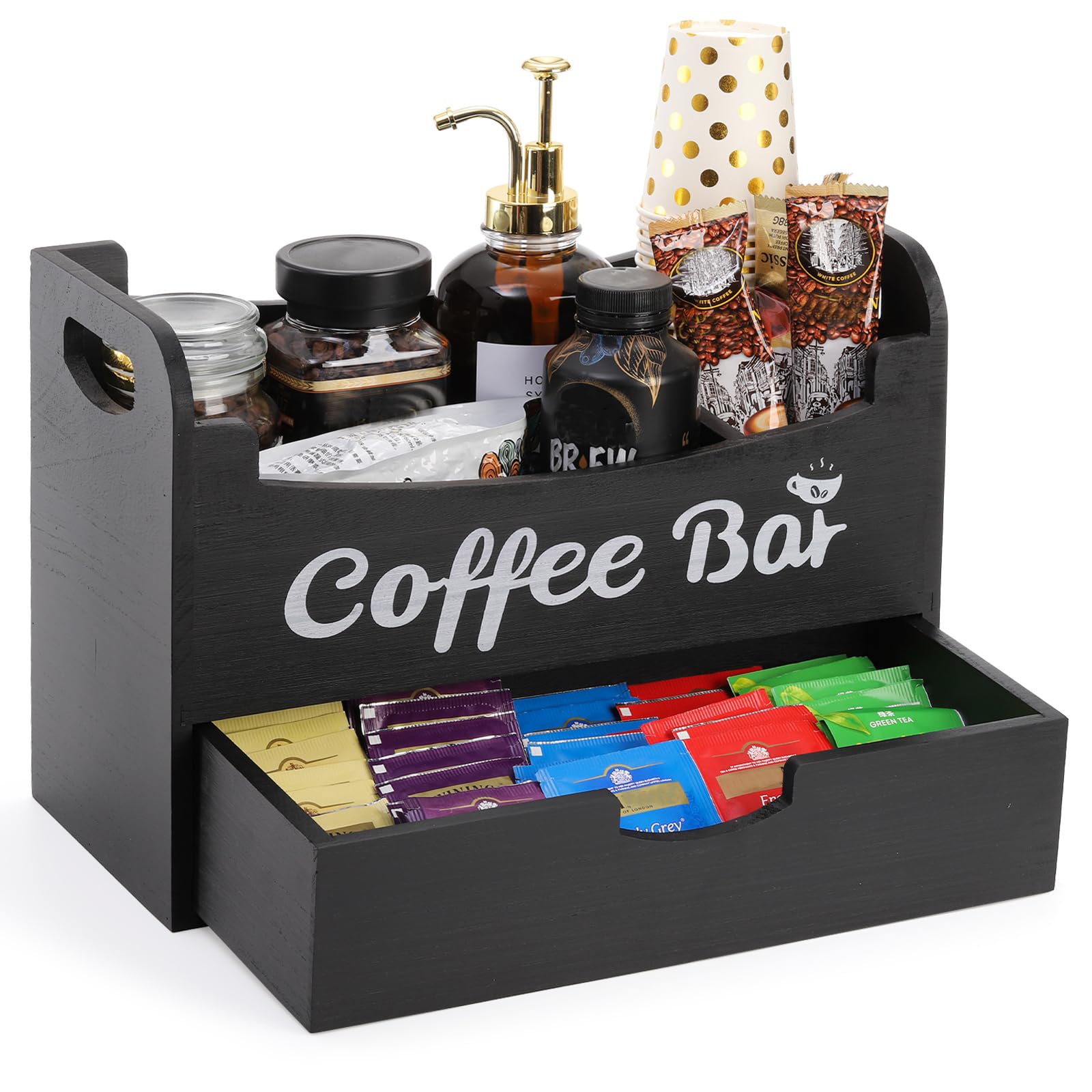 Dicunoy Wooden Coffee Bar Organizer with Drawer & Pod Holder - Black Kitchen Countertop Organizer for Coffee, Tea & Condiments - Perfect for Office Breakroom & Home Coffee Station