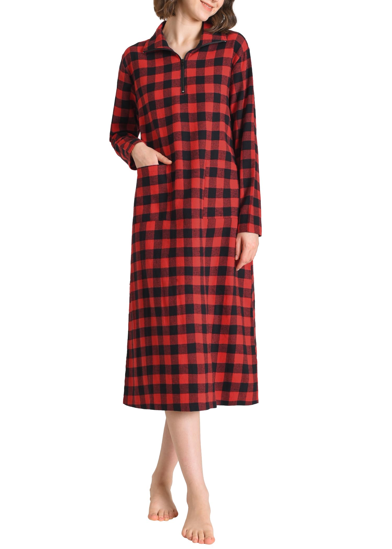 Women's Soft Cotton Flannel Nightgown - Long Sleeve Midi Sleepwear for Winter, Cozy Loungewear for Home & Travel