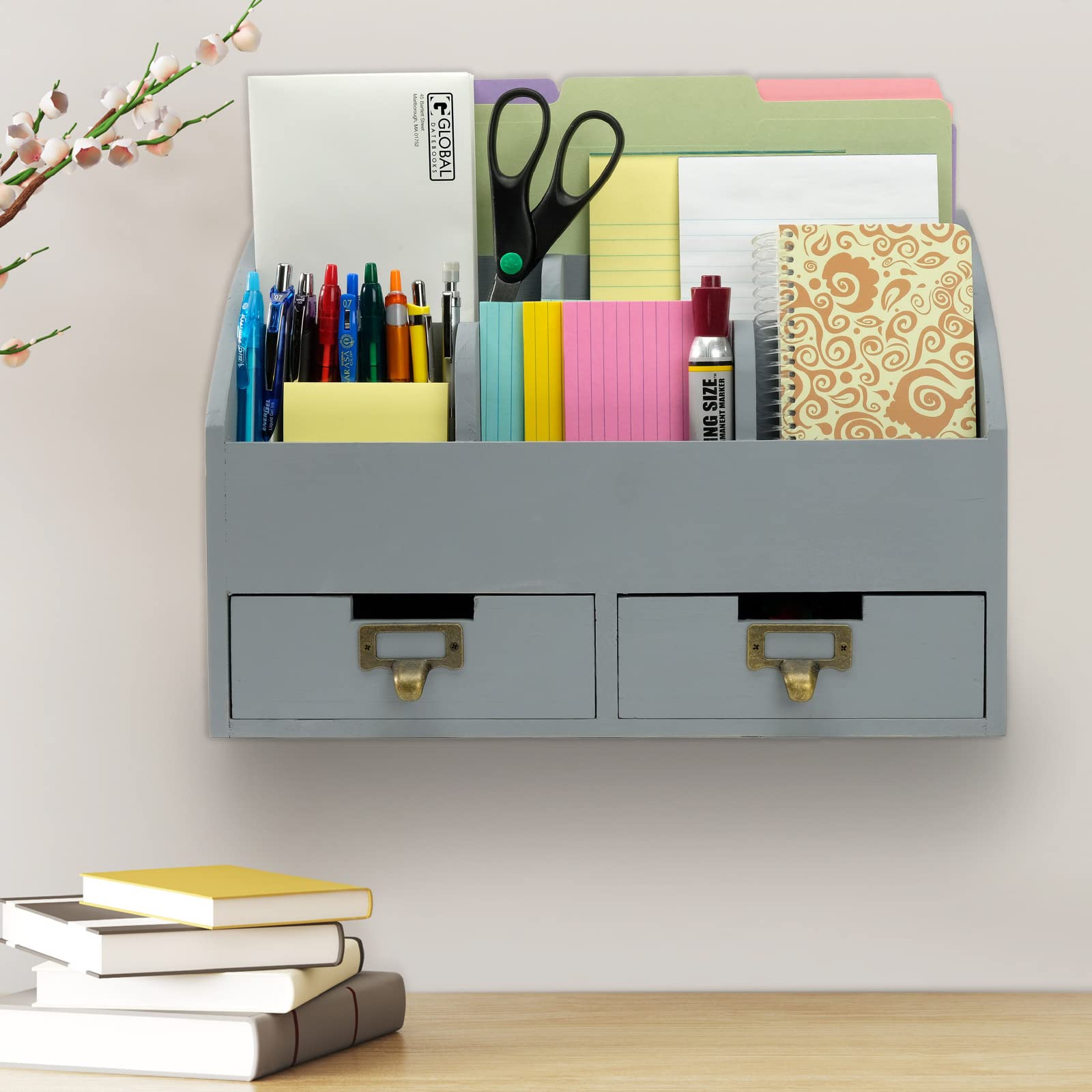 Wooden Desk Organizer with 6 Compartments & 2 Drawers - Solid Gray Office Supplies Storage for Pens, Files, and Stationery - Perfect for Home Office and Workspace Organization