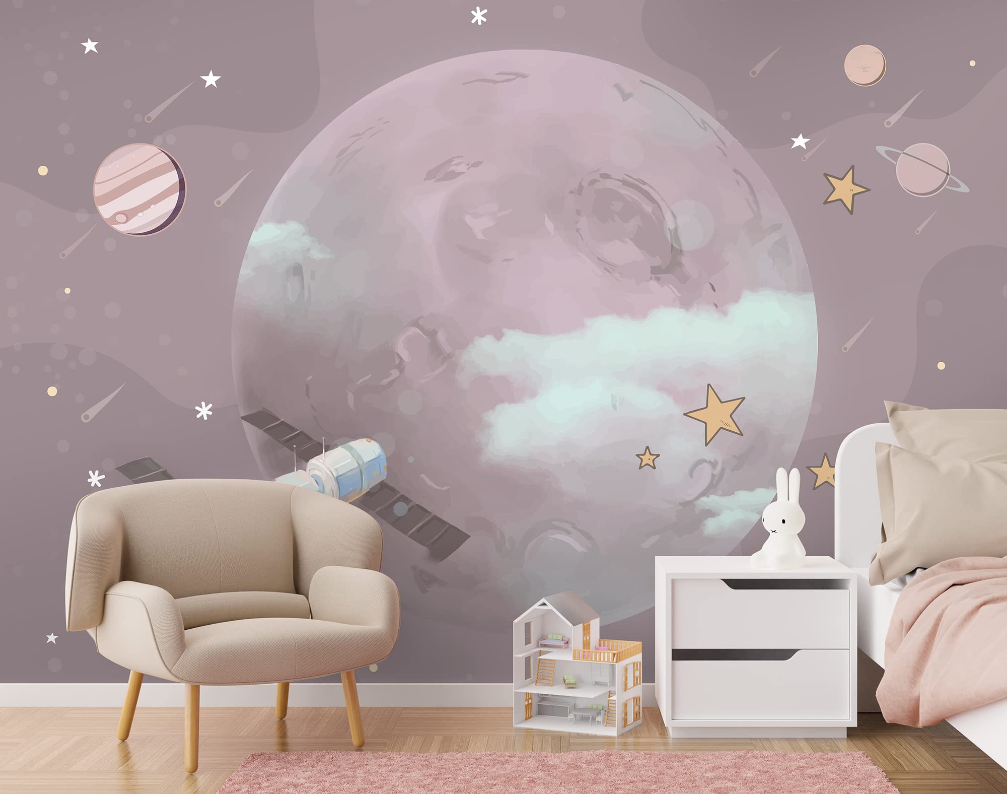 Murwall Kids Wallpaper - Cartoon Planet Space Wall Mural for Children's Room, Nursery Decor & Kindergarten Playroom | Fun Educational Space-Themed Wall Art for Bedrooms, Play Areas & Learning Spaces