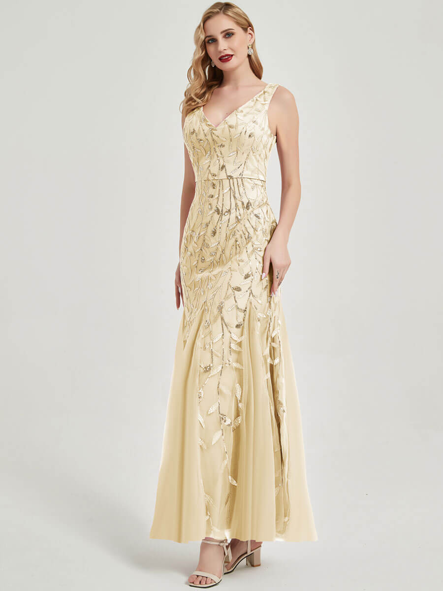 Elegant Champagne Gold Sequin Mermaid Evening Gown - Formal Maxi Dress for Prom, Wedding & Special Occasions