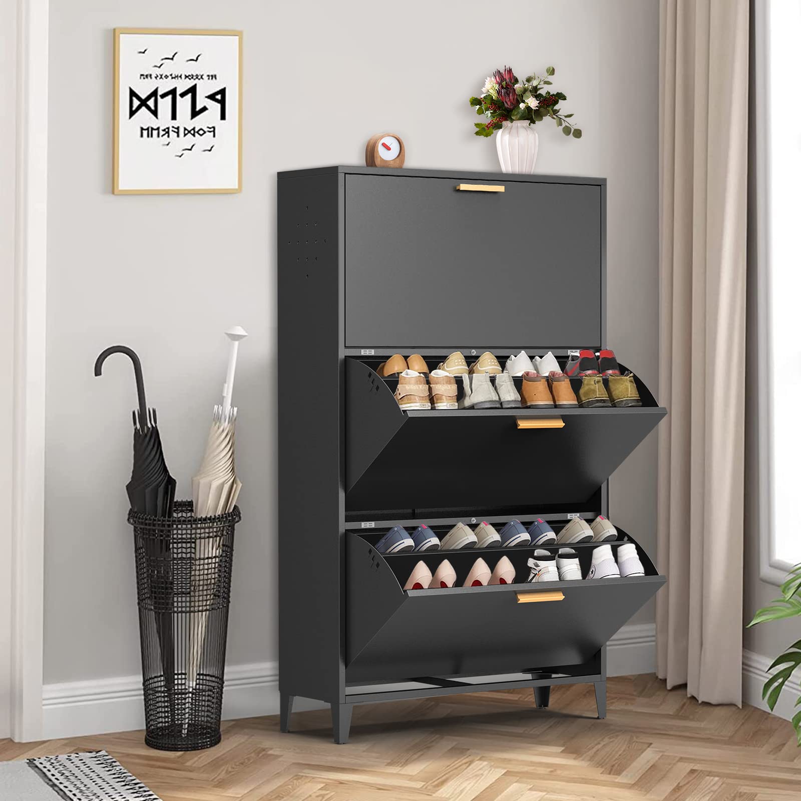 Metal Shoe Storage Cabinet with 3 Flip Drawers - Free Standing Shoe Rack Organizer for Entryway, Hallway, Closet - Slim Narrow Design for Heels, Boots, Slippers - Perfect for Small Spaces & Apartment Living (Black)