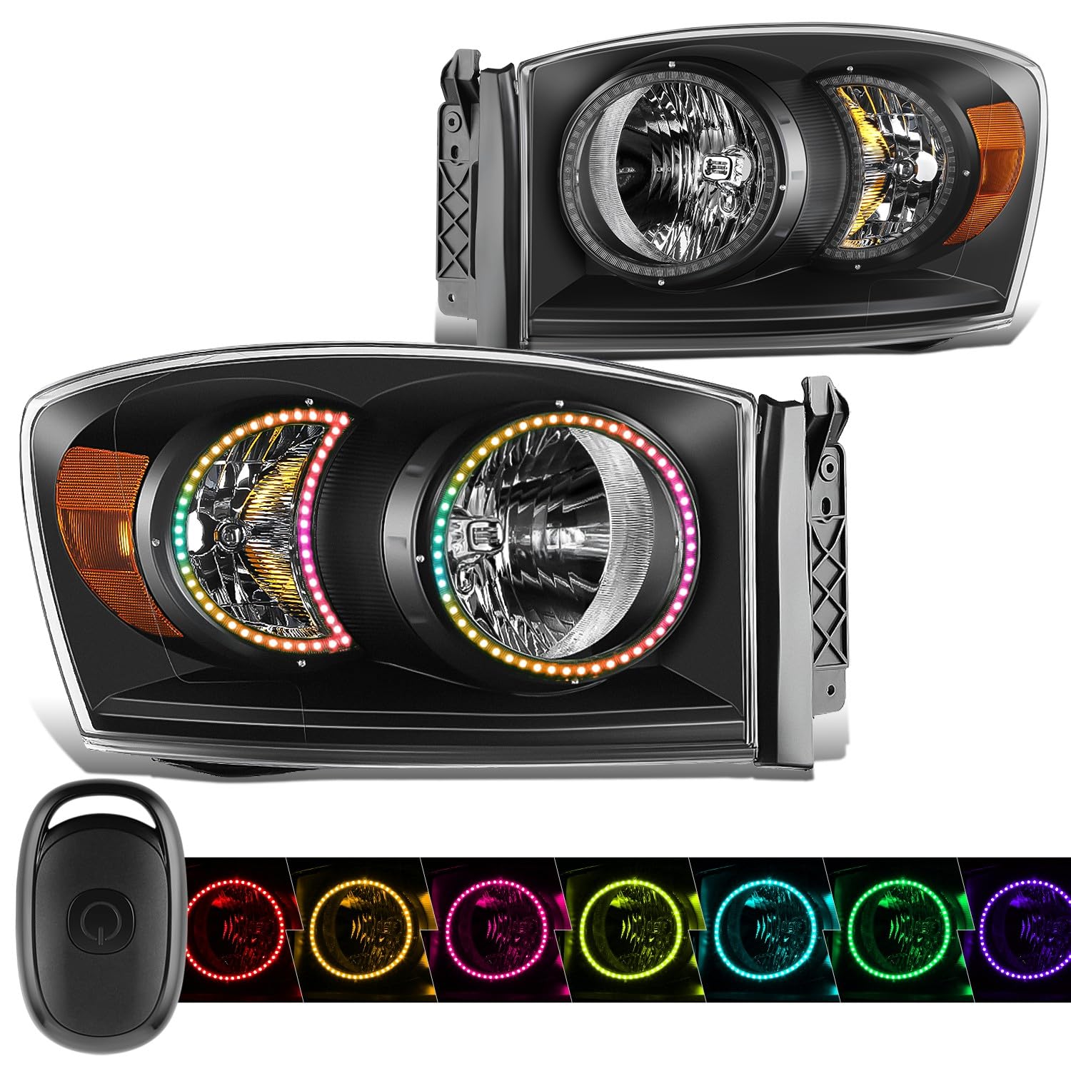 DNA MOTORING RGB LED Headlights for 06-09 Dodge Ram - Black/Amber - Off-Road & Night Driving