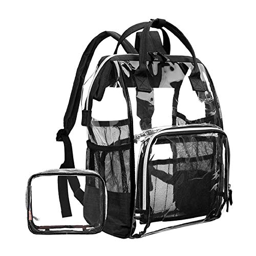 QCUTEP Clear PVC Transparent Backpack with Cosmetic Bag - Waterproof See-Through School Backpack for Women & Men - Perfect for Work, Travel, Concerts, Stadium Events and Airport Security