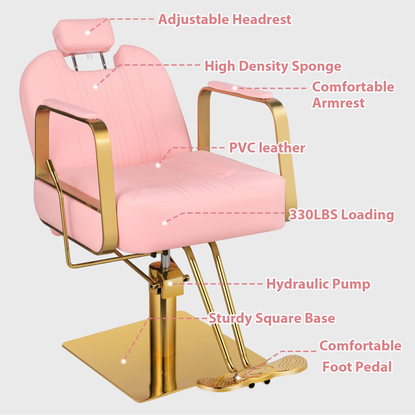 Pink Beauty Salon Chair for Hair Stylists & Barbers - Hydraulic Reclining Styling Chair with 130° Adjustable Backrest - Perfect for Home Barbershops, Hair Braiding & Professional Styling