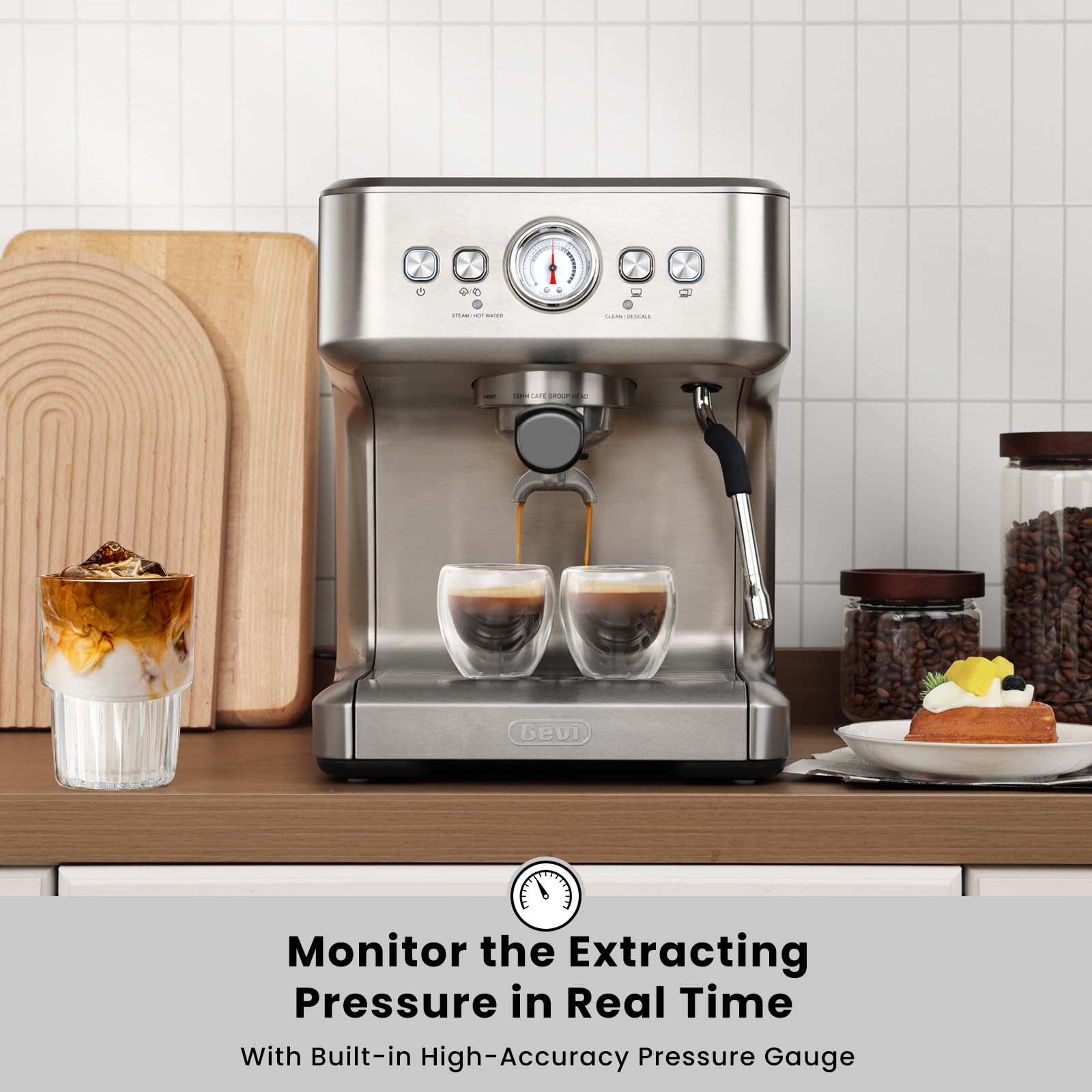 Gevi EzBru 1000C 20 Bar Professional Espresso Machine with Pressure Gauge & Milk Frother - Adjustable Temperature & Shot Volume for Latte, Cappuccino - Perfect for Home Baristas & Coffee Shops