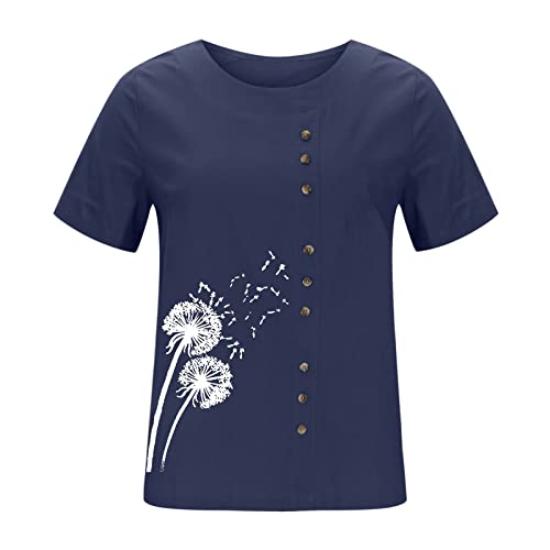 Women's Striped Short Sleeve Crew Neck T-Shirt - Floral Print Linen Blouse for Summer | Casual Comfort Fit Tee | Perfect for Beach Outings, Weekend Wear & Vacation Essentials (Navy, Medium)