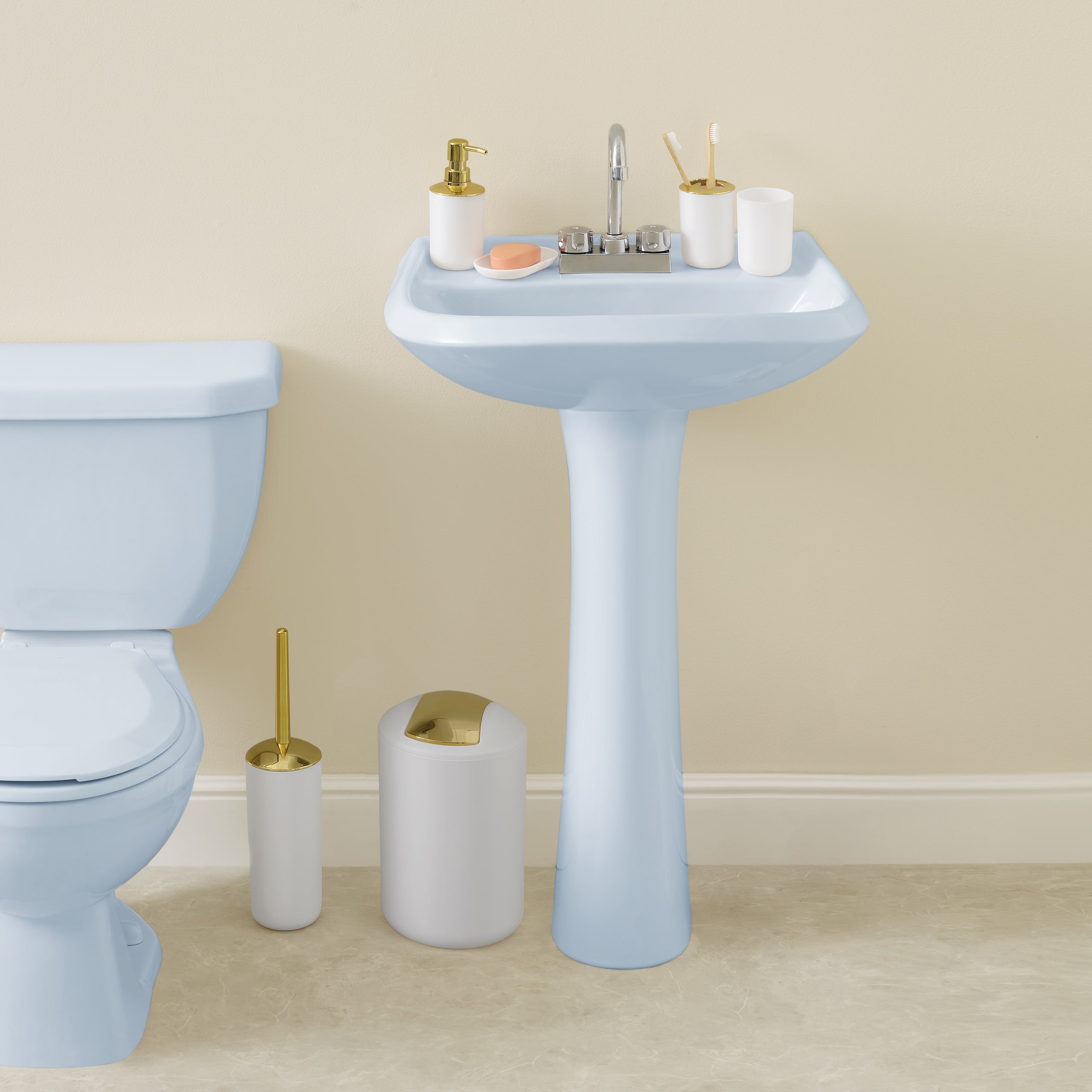 Luxury White & Gold Bathroom Set - 6 Piece Modern Vanity Accessories for Spa & Master Bathroom | Includes Soap Dispenser, Toothbrush Holder & More | Perfect for Home Decor & Gift Giving