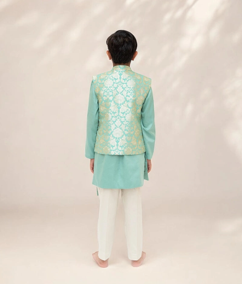 Pre Order: Elegant Green Brocade Jacket with Kurta & Pant Set | Traditional Indian Outfit for Weddings & Festivals