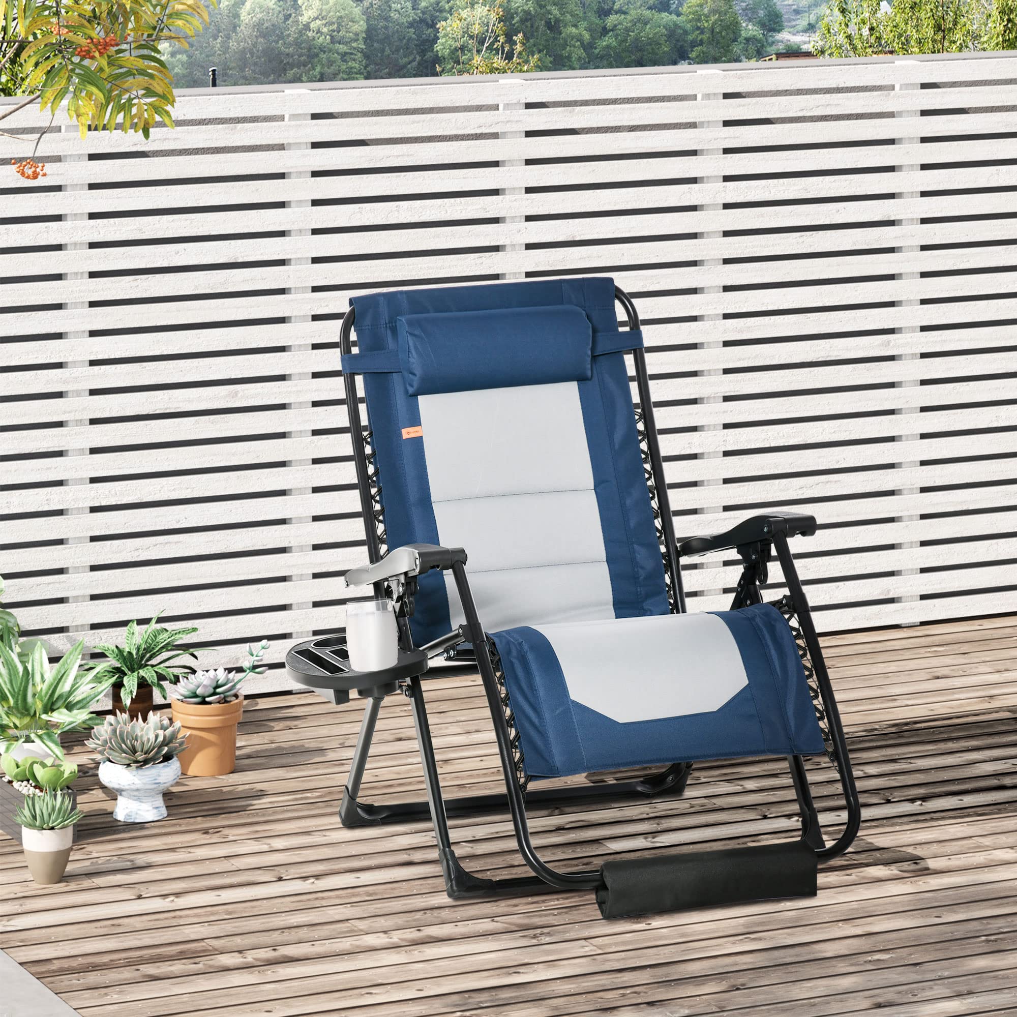 Outsunny Oversized Zero Gravity Lounge Chair with Footrest & Headrest - Foldable Outdoor Recliner with Side Tray, Cup Holders & Padded Armrests - Perfect for Camping, Backyard, Patio, Beach & Pool Relaxation - Blue