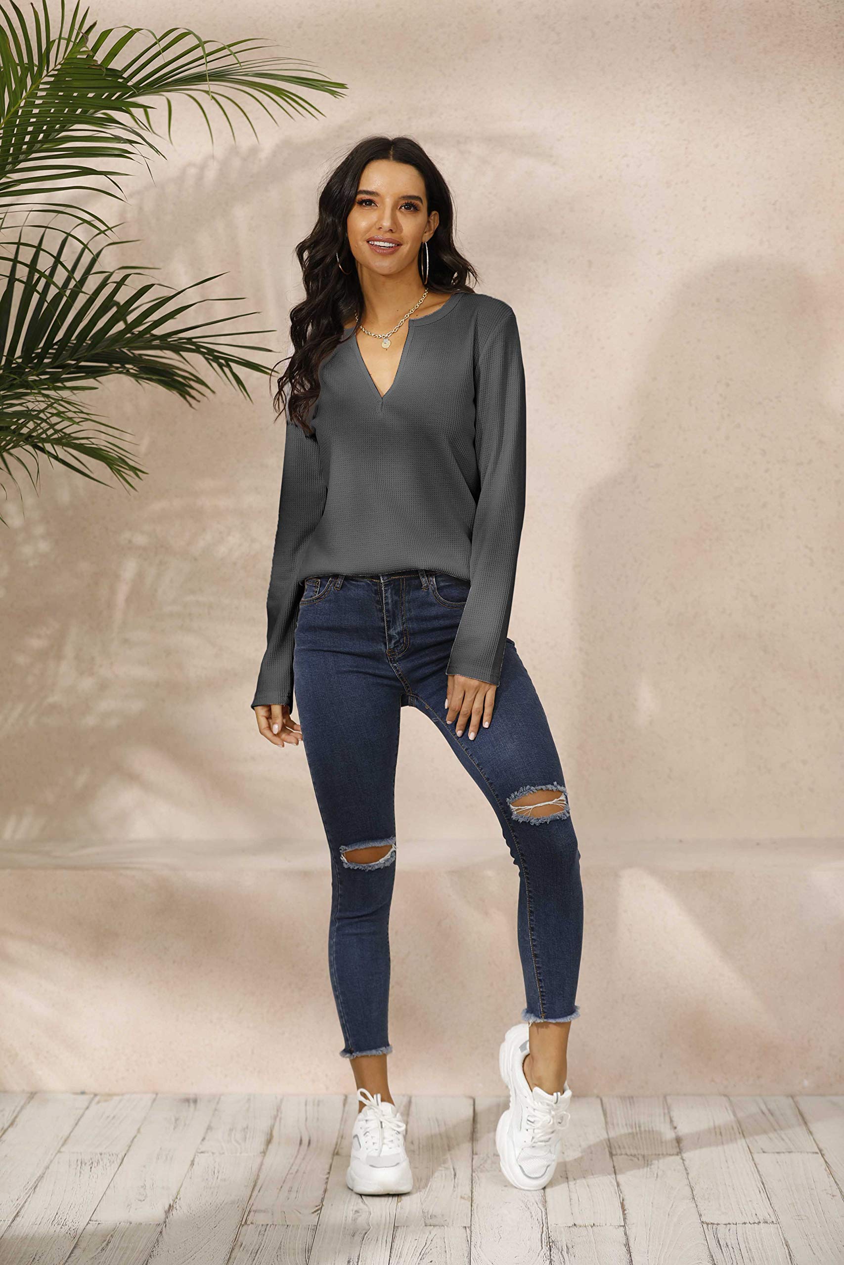 Famulily Women's Long Sleeve V-Neck Loose Fit Soft Waffle Knit Thermal Shirt - Cozy Casual Wear for Fall & Winter, Perfect for Layering, Office, and Outdoor Activities