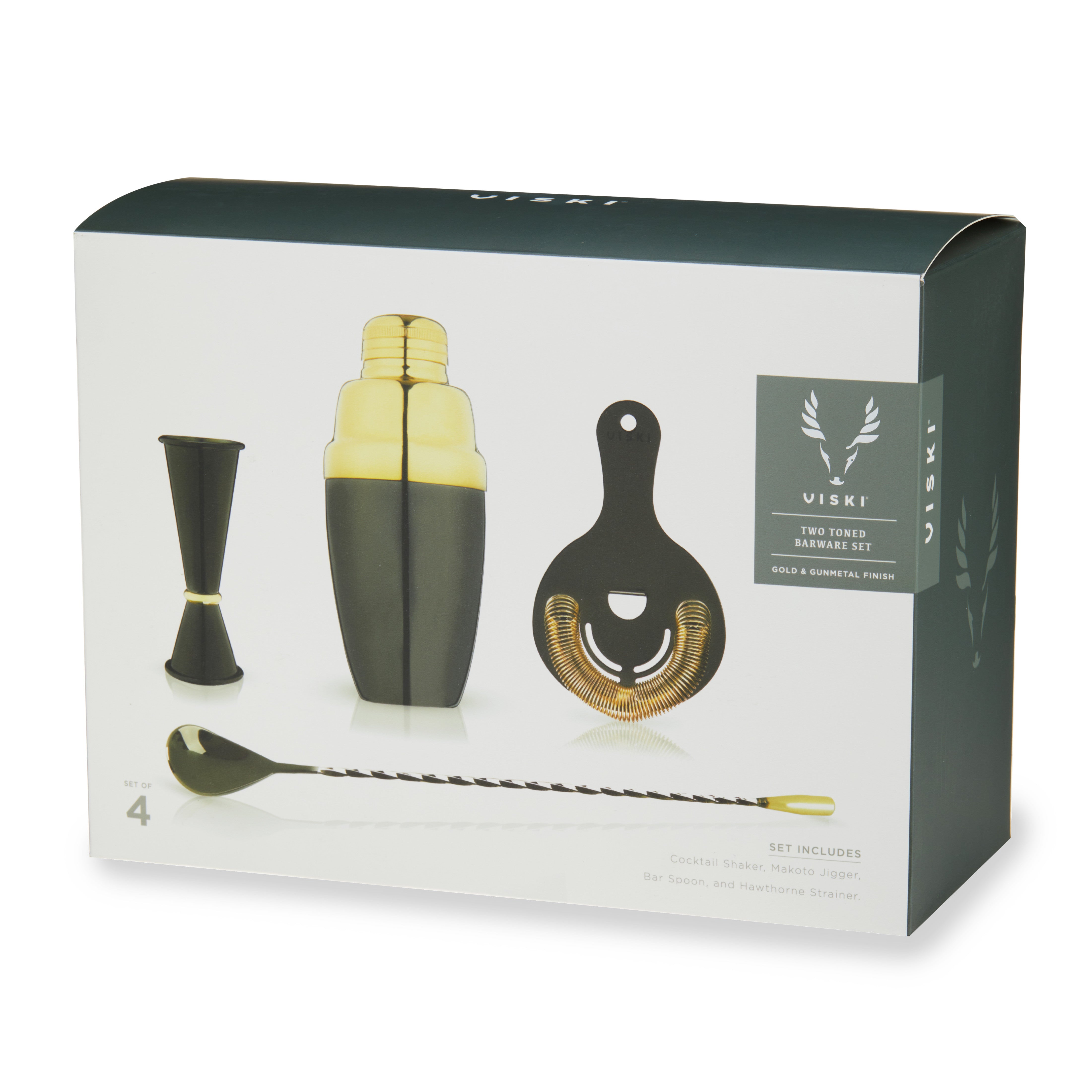 Premium 4-Piece Stainless Steel Barware Set - Black & Gold Cocktail Shaker, Jigger, Strainer & Spoon - Perfect for Home Bars, Cocktail Parties & Mixology Enthusiasts
