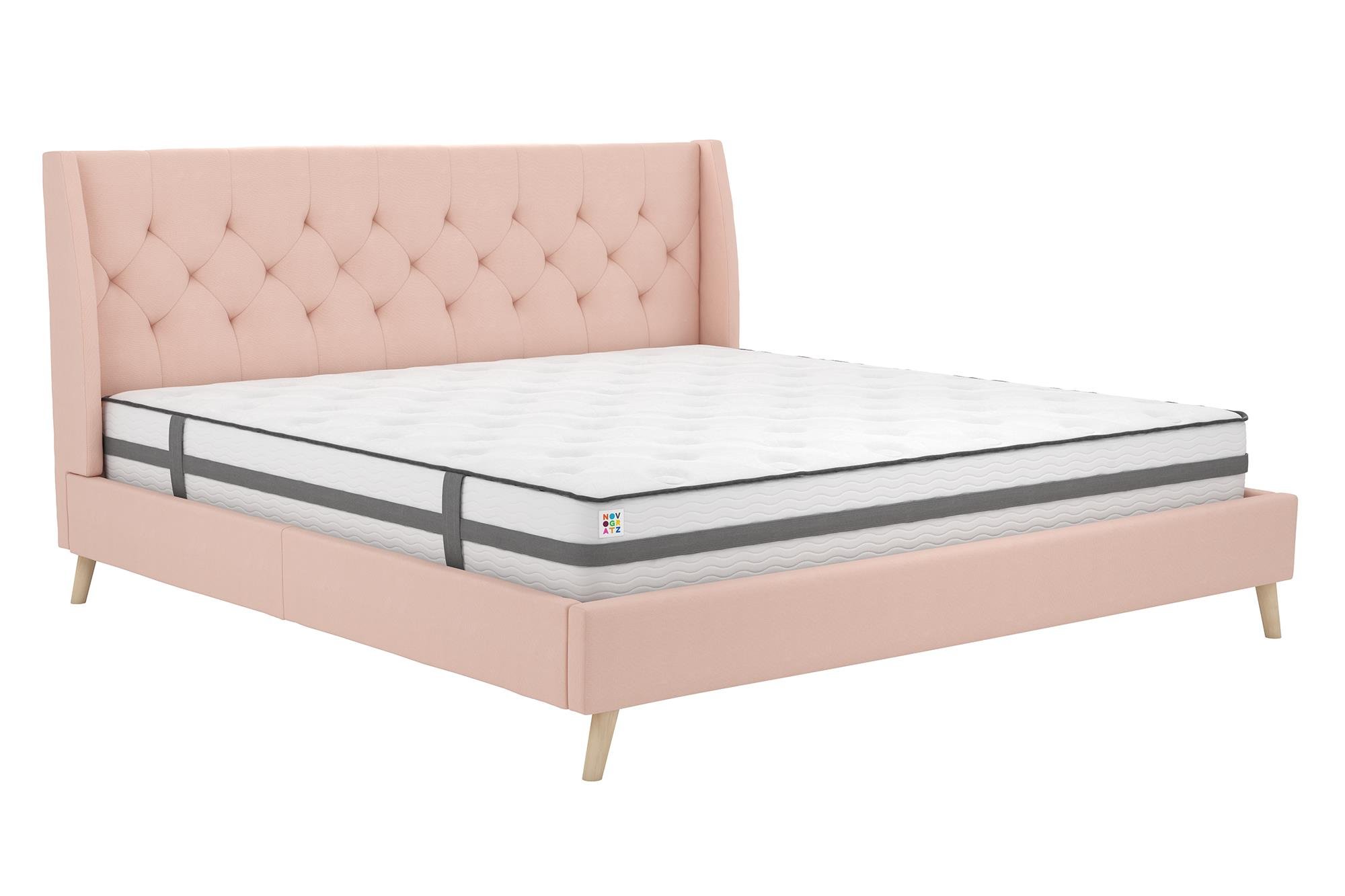 Novogratz Her Majesty Upholstered Linen King Size Bed with Tufted Wingback Design & Wooden Legs - Pink Linen Fabric for Luxurious Bedroom Decor & Master Suite Upgrade