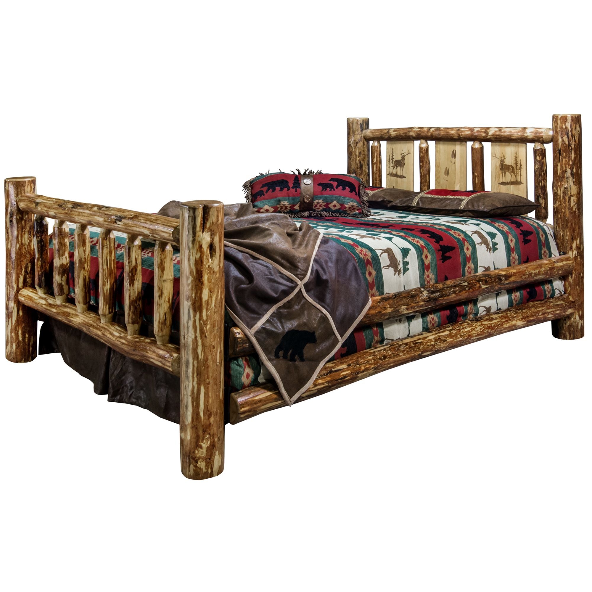 Laser Engraved Glacier Country Wooden Bed Frame - Rustic Farmhouse Bedroom Furniture for Cozy Cabin & Lodge Decor