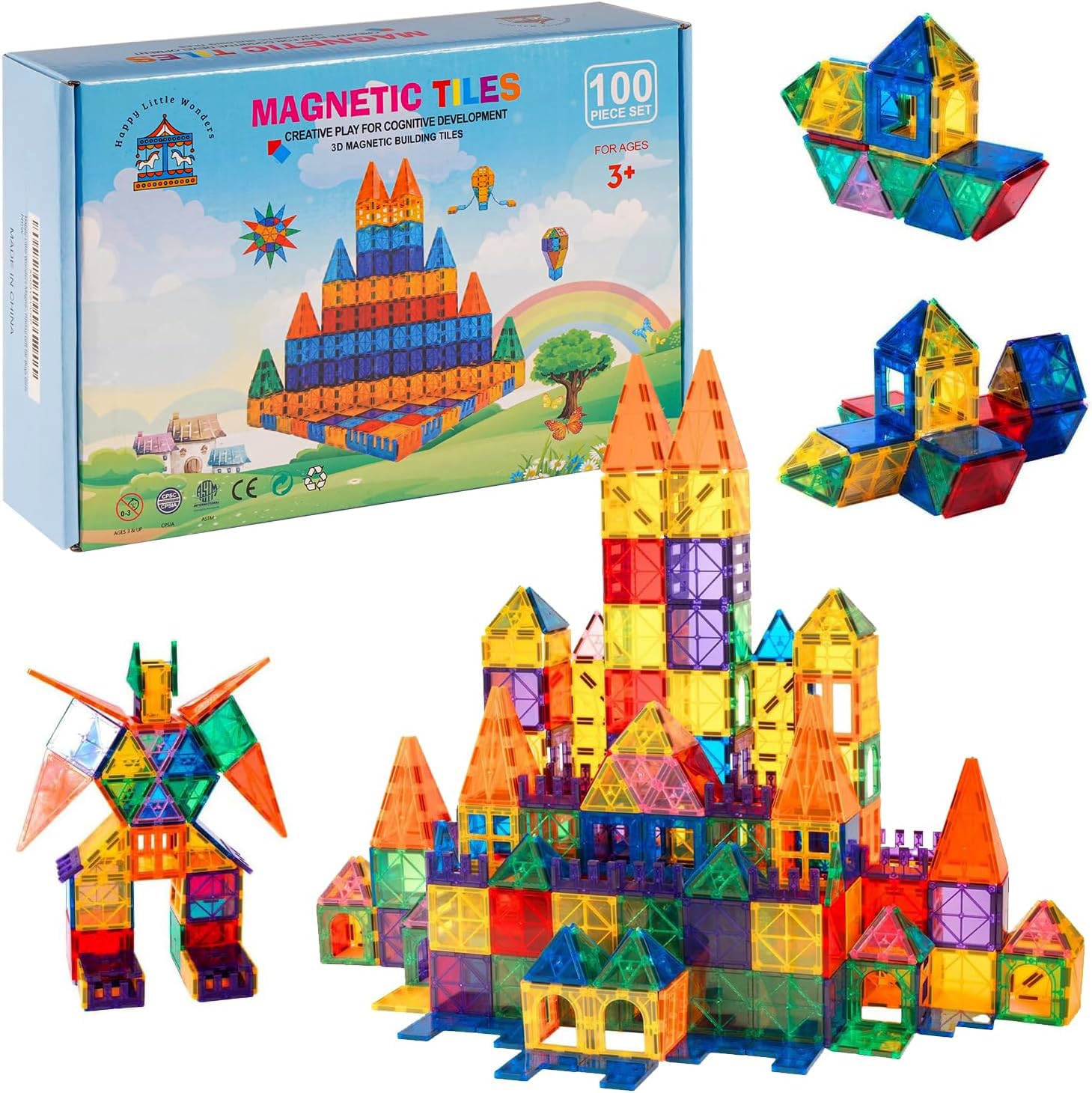 Happy Little Wonders 100PCS Magnetic Tiles Set with 2 Cars | STEM Educational Building Toys for Toddlers & Kids | 3D Magnet Sensory Learning Toys | Preschool Classroom & Homeschool Activities | Perfect Birthday Gift for Boys & Girls | Creative Play for Indoor & Outdoor Fun