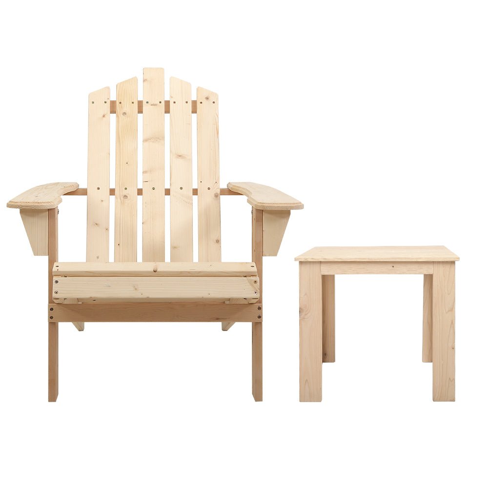 3PC Natural Wood Adirondack Outdoor Table and Chairs Set - Patio, Garden, Beach Furniture for Relaxing in Backyard or Seaside