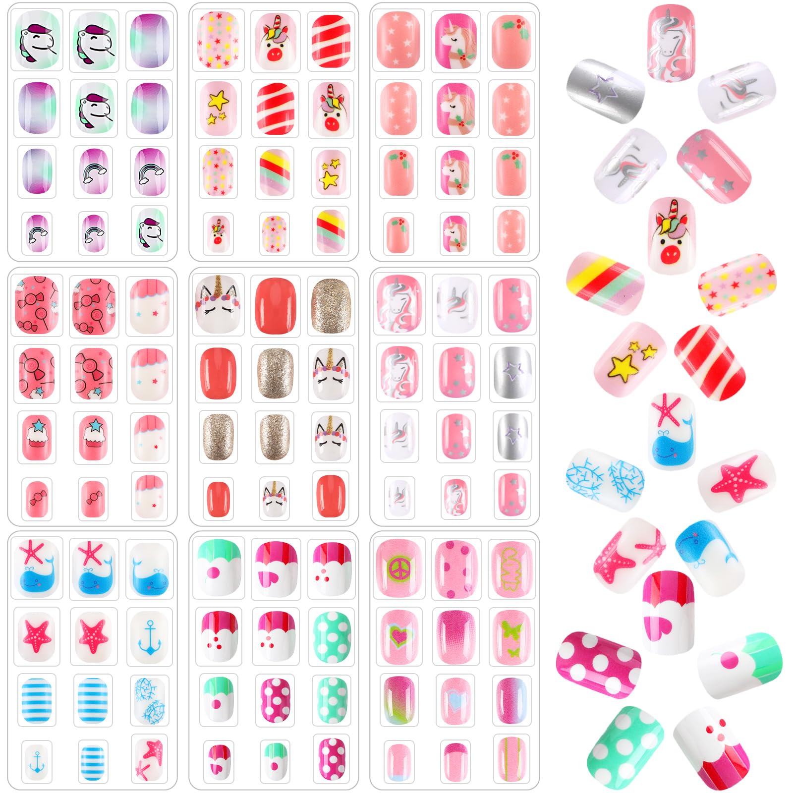 108Pcs Kids Press on Nails - Acrylic Full Cover Fake Nails for Girls, Cute Stick on Nails Set for Children Birthday Party Favors & Gifts (9 Styles) - Perfect for Nail Art, Costume Parties & Dress Up Play