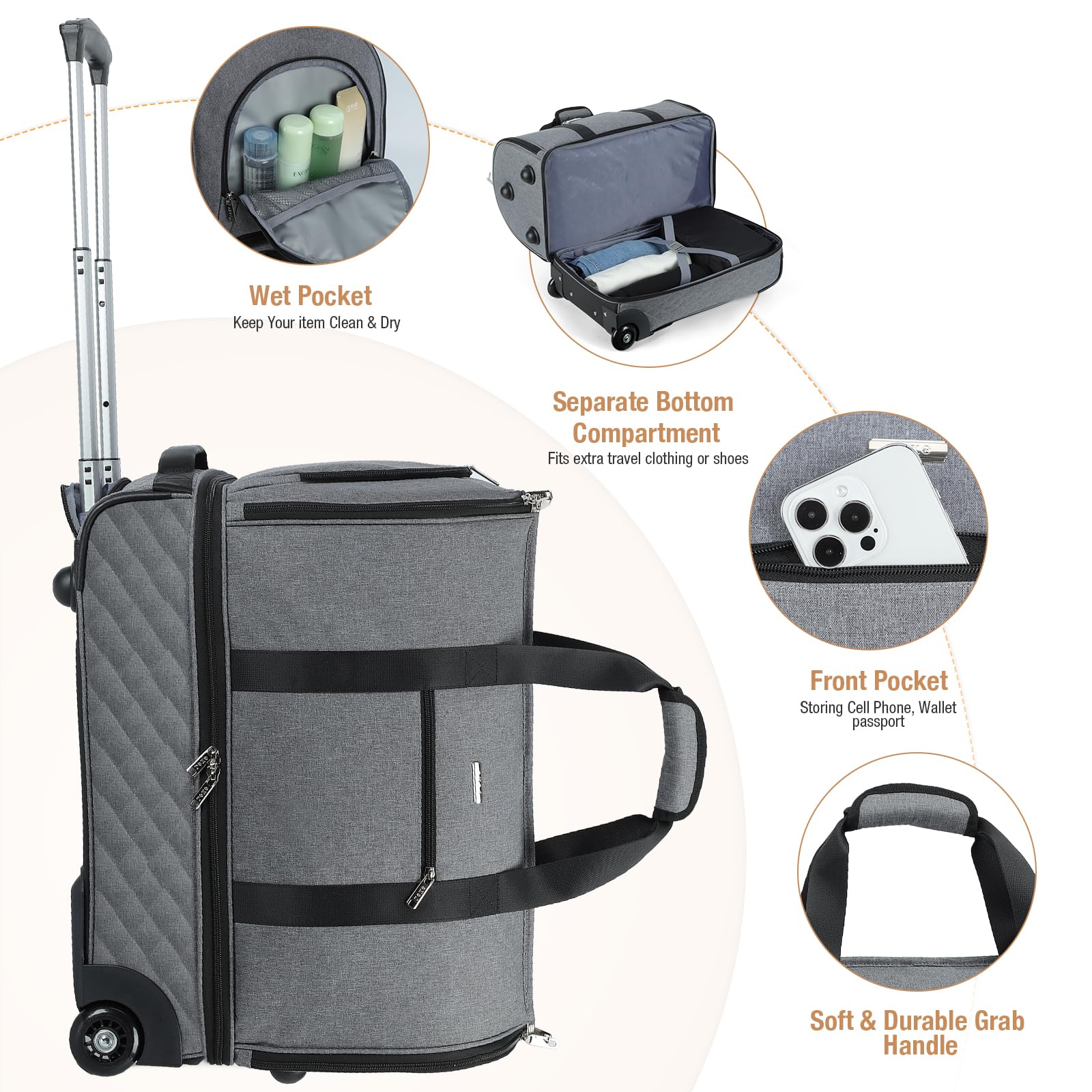 Convertible Rolling Garment Bag with Wheels & Shoes Compartment - Carry On Suit Luggage & Trolley Duffel for Business Travel, Wedding, Weekend Getaways (Grey) | Perfect for Airplane Trips, Business Meetings & Formal Events
