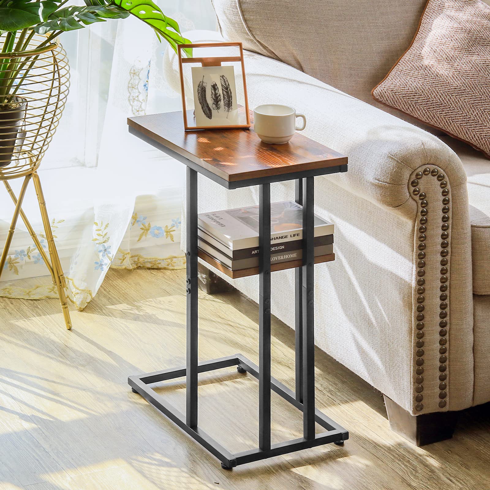 Yoobure 2-Piece C-Shaped End Table Set - Rustic Metal Frame Side Tables for Living Room, Bedroom & Small Spaces - Slide Under Couch as Snack Table or Large Desktop - Perfect for TV Snacking, Reading & Space-Saving Furniture Arrangement