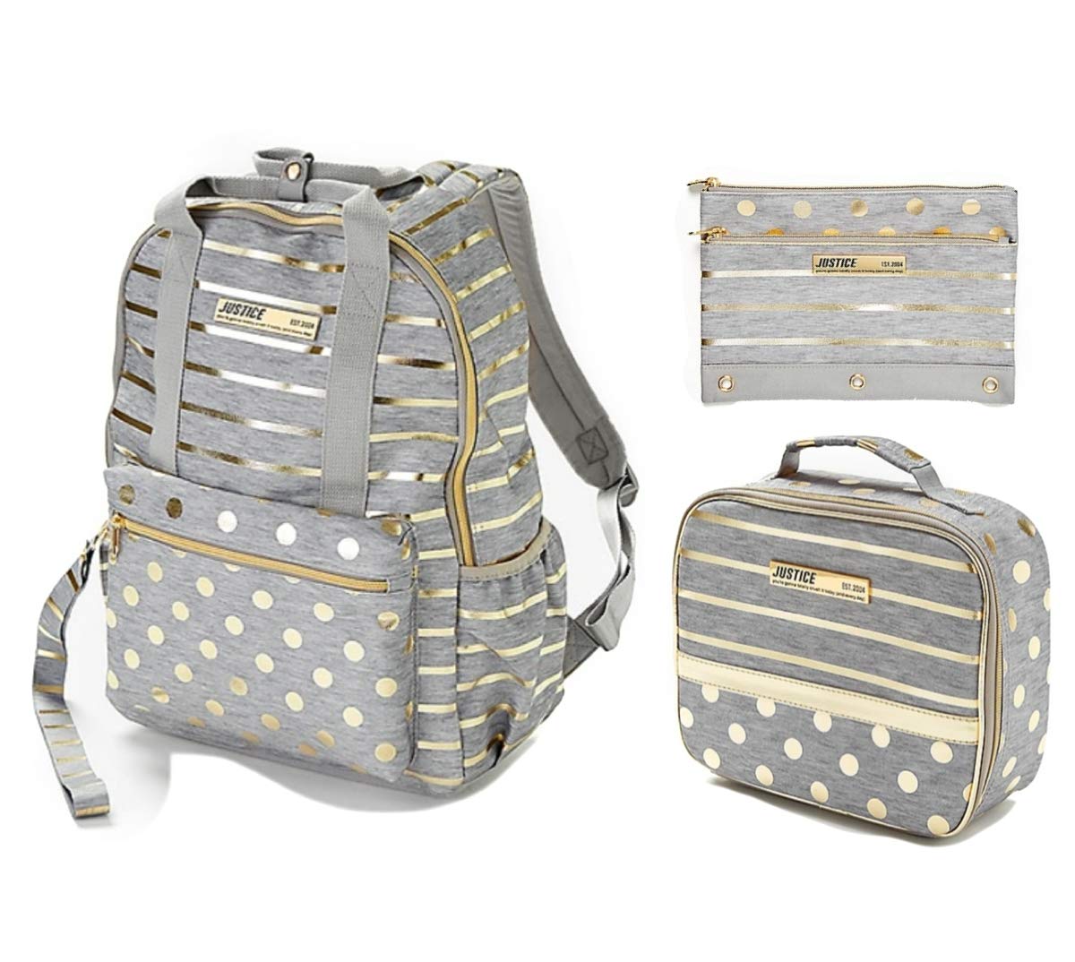 2020 New Justice Backpack, Lunchbox, and Pencil Case Set in Grey Foil Stripe & Dot - Perfect Back to School Bundle for Kids and Teens