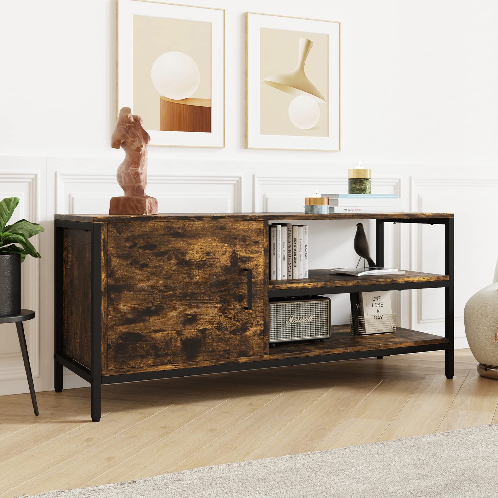 Novilla Retro Farmhouse TV Stand for TVs up to 50 Inches - Rustic Brown Entertainment Center for Flat & Curved Screens - Perfect for Living Room, Bedroom or Home Theater Setup