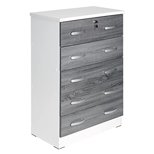 Modern 5-Drawer Wooden Dresser for Bedroom - White/Gray Finish with Lock | Space-Saving Storage Solution for Small Bedrooms, Dorm Rooms & Apartments