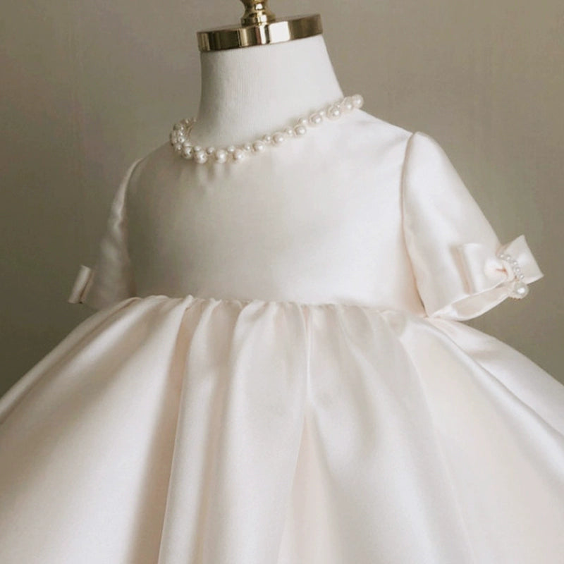 White Princess Round Tea Length Satin Flower Girl Dress for Weddings & Special Occasions - Perfect for Bridal Parties, First Communion & Formal Events