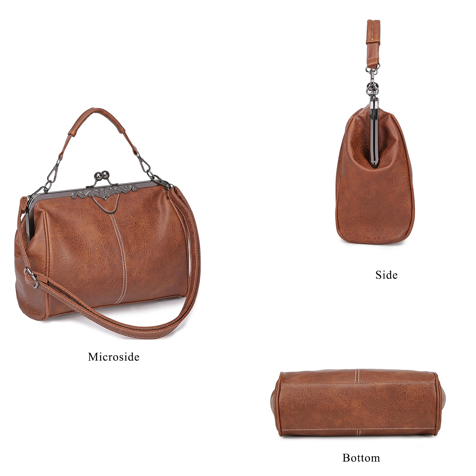 Vintage Women's Kiss Lock Handbag - Oil Leather Evening Clutch Purse & Satchel Tote Bag for Party, Wedding & Formal Events