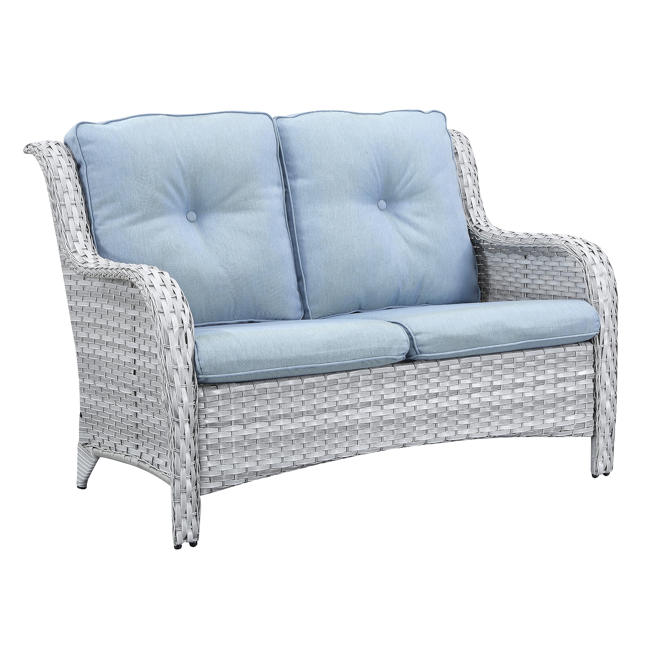 Outdoor Loveseat - 2 Seater Wicker Sofa with Baby Blue Cushion, Patio Furniture for Porch, Deck & Backyard | Perfect for Relaxing, Entertaining & Small Outdoor Spaces
