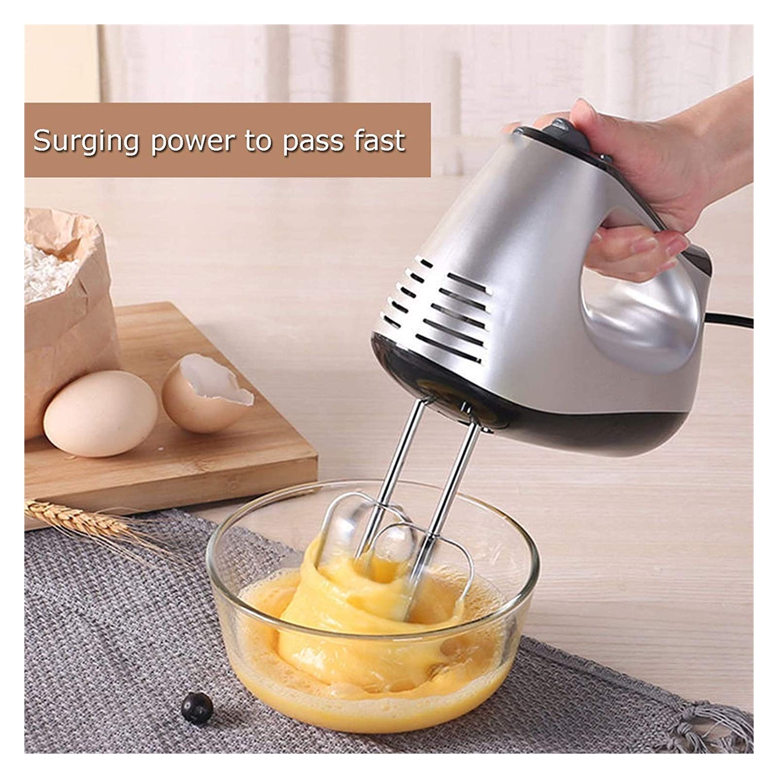 300W Electric Hand Mixer with 5 Speeds - 6 Stainless Steel Attachments for Whipping, Baking, Mixing - Includes Storage Base - Perfect for Cakes, Cookies, Egg Whites & Cream - Ideal for Home Bakers & Kitchen Enthusiasts