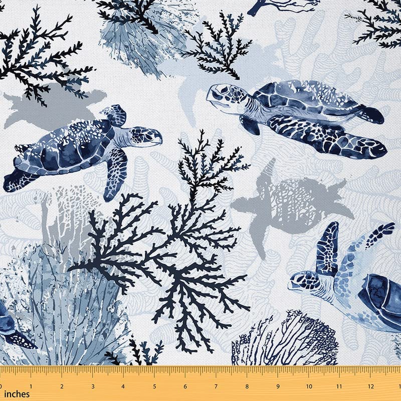 Feelyou Waterproof Navy Blue Sea Turtle Upholstery Fabric by The Yard - Ocean Reptile Tortoise Pattern for Chairs, Coastal Decor, Nautical Beach Theme (3 Yards) - Perfect for Outdoor Furniture, Pillows, and Beach House Decorations