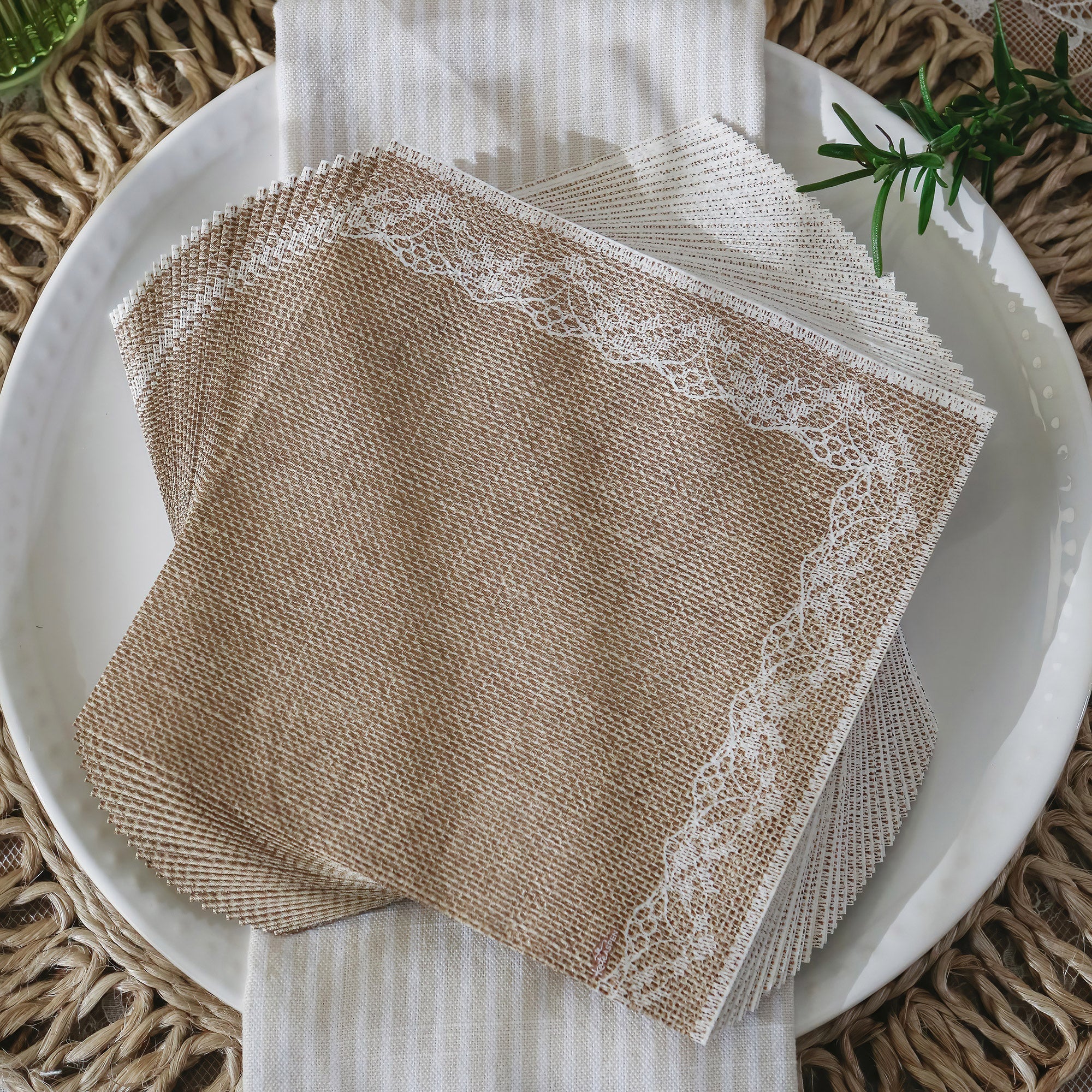 62-Piece Burlap and Lace Tableware Set for Rustic Weddings, Farmhouse Dining & Special Occasions - Plates, Bowls, Napkins & Cutlery Included