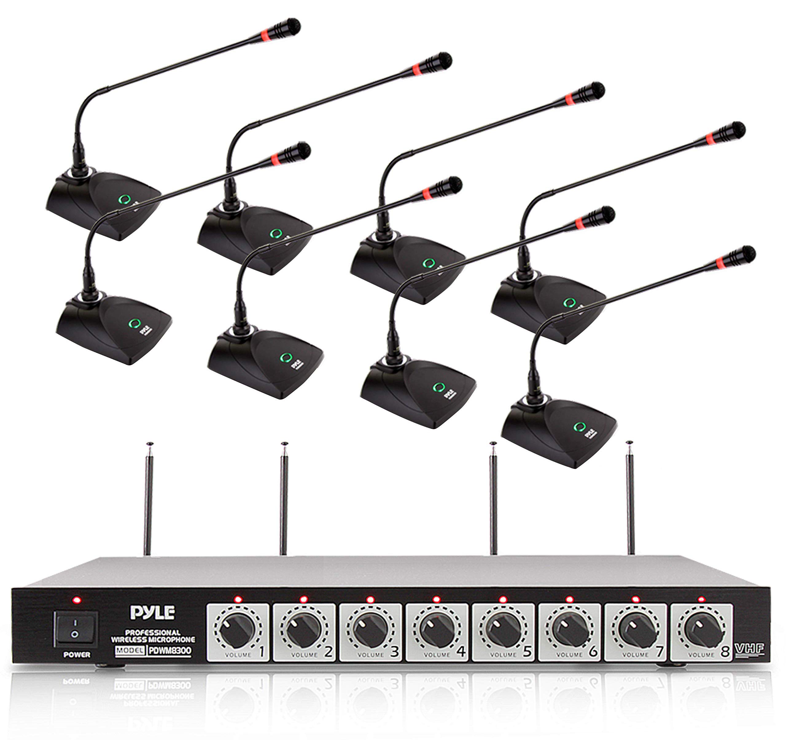 Pyle PDWM8300 8-Channel Wireless Microphone System - VHF Cordless Audio Mic Set with 1/4