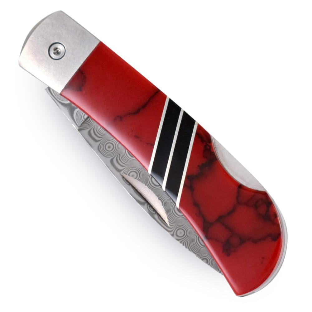 Premium Damascus Steel Folding Pocket Knife with Handcrafted Bloody Basin Jasper Handle - 3