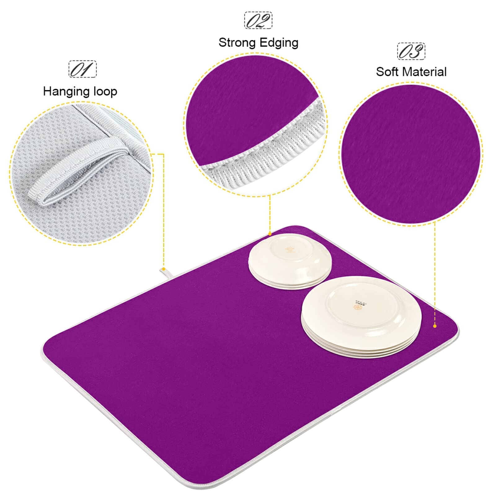 XL Purple Microfiber Dish Drying Mat - 16x18 Inch Heat-Resistant Kitchen Counter Drainer Pad | Non-Slip Decor for Sink, Countertop & Dish Rack | Perfect for Drying Dishes, Utensils & Cookware