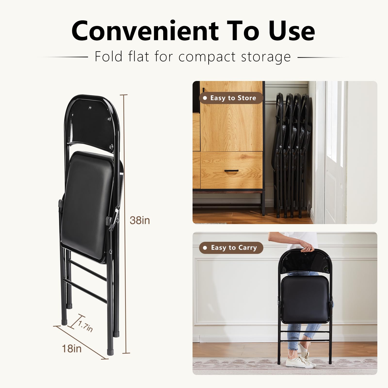 DUMOS 4 Pack Black Leather Padded Folding Chairs - Heavy Duty Steel Frame, Stackable & Portable for Indoor Outdoor Use - Perfect for Home, Office, Parties, Weddings & Events - Comfortable Commercial Seating Solution