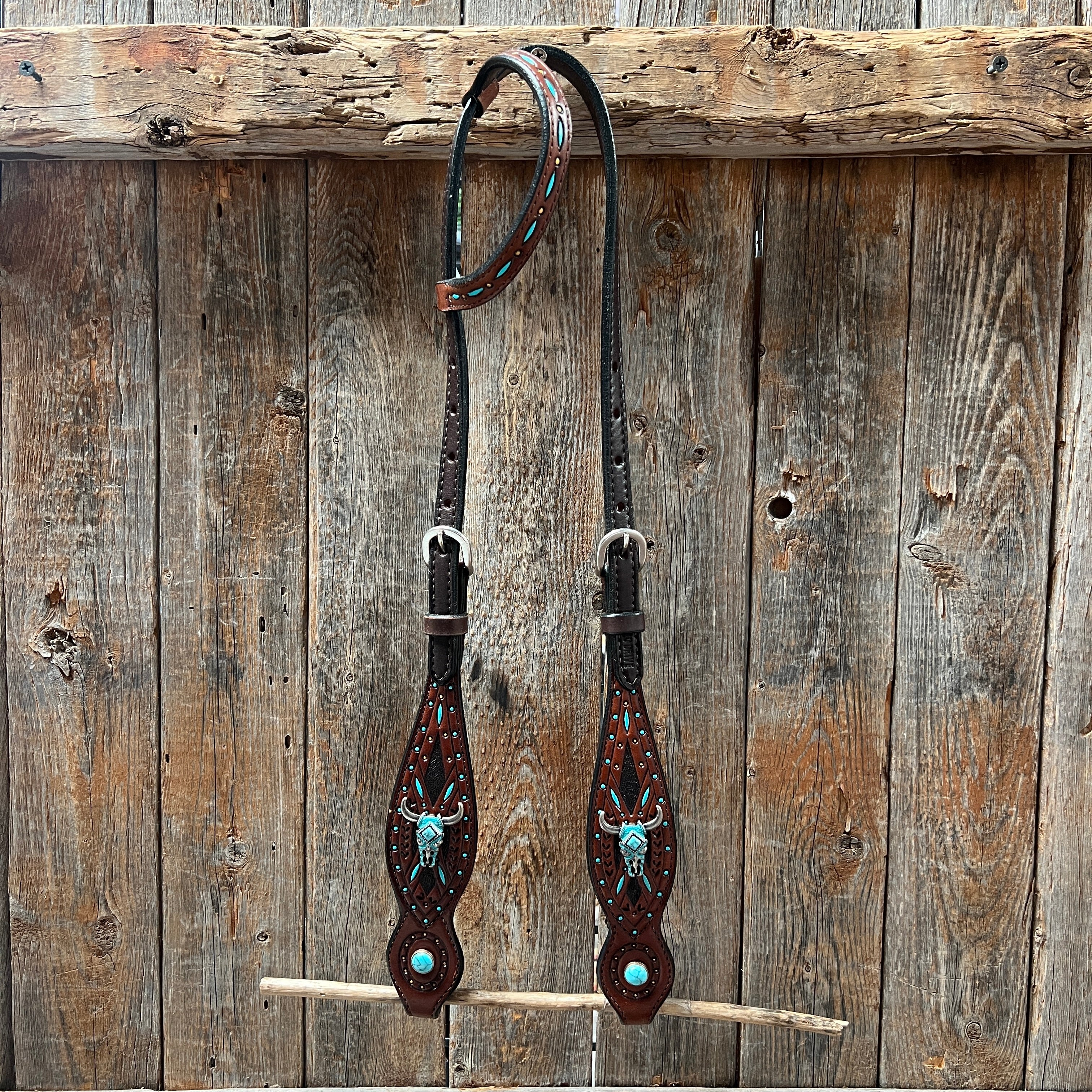 Hand-Painted Turquoise Steer Head Browband with One Ear & Breastcollar Tack Set - Western Horse Riding Gear for Show & Trail Riding - Dark Oil Finish #BBBC624