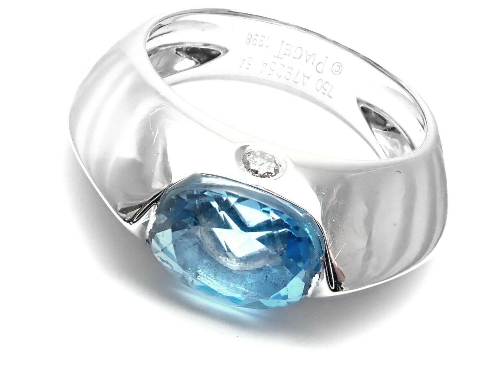Authentic Piaget 18K White Gold Diamond & Blue Topaz Dome Ring for Women | Luxury Wedding Band, Anniversary Gift, Engagement Jewelry for Special Occasions