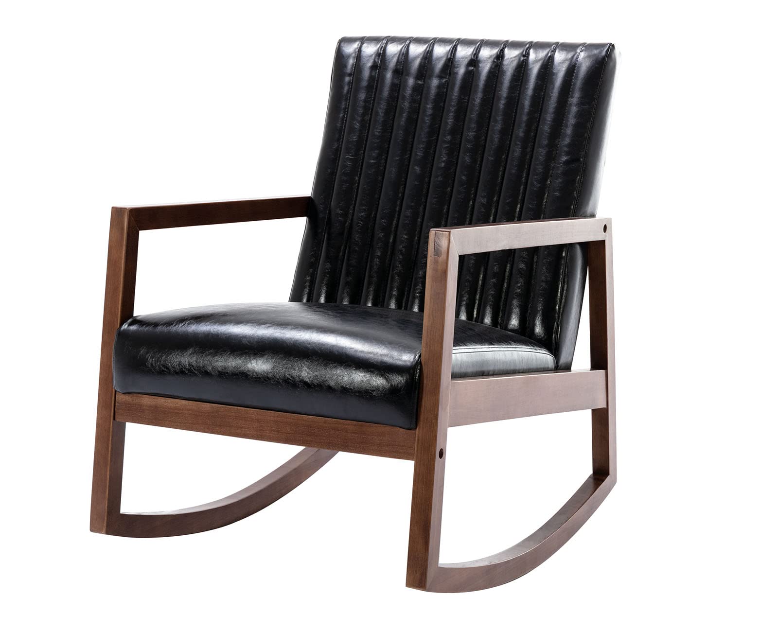 VESCASA Mid-Century Modern Upholstered Rocking Chair - Channel-Tufted Back, Oil Wax PU Leather & Black Walnut Wood Frame - Comfortable Nursery, Living Room, Bedroom Rocker (Black) | Perfect for Nursing, Relaxing & Home Decor