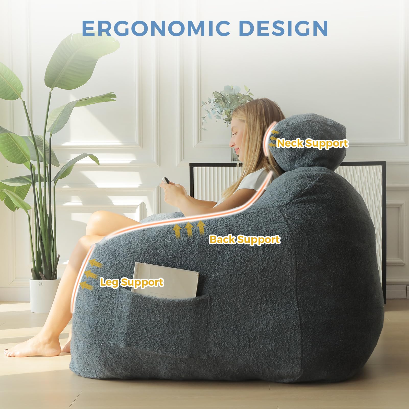 MAXYOYO Giant Bean Bag Chair with Pillow - Extra Large Fuzzy Comfy Lounger for Adults & Teens - Dusty Blue Oversized Floor Seat for Reading, Gaming & Relaxation - Perfect for Bedrooms, Dorms & Living Rooms