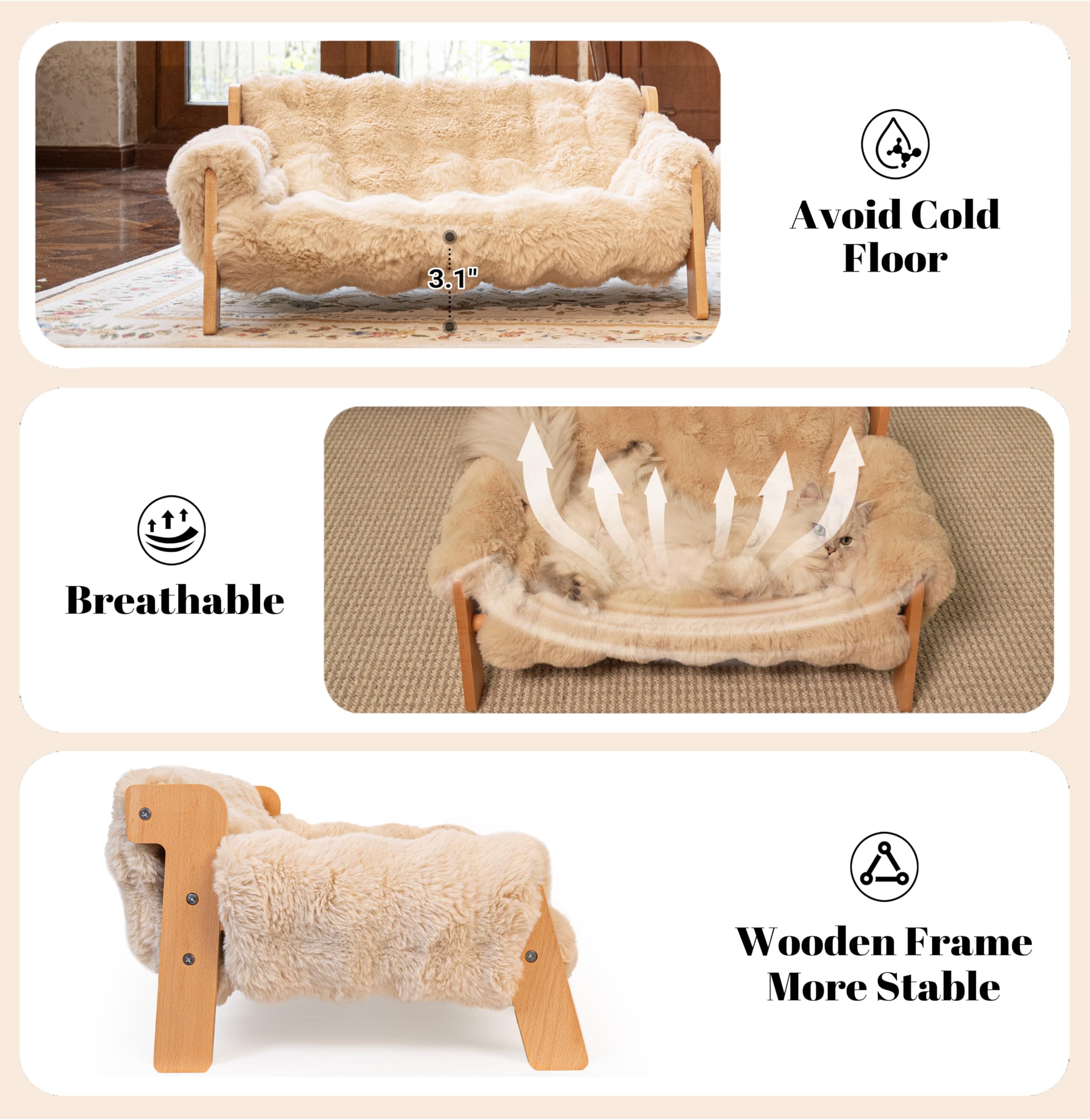 Elevated Cat Couch Bed for Indoor Cats - Fluffy Pet Sofa Recliner with Wooden Frame, Cozy Lounge Chair for Small & Medium Dogs - Perfect for Living Room, Bedroom & Pet Play Areas (Khaki)