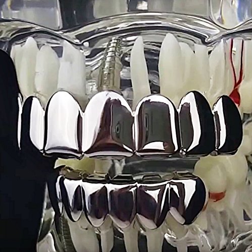 8-Piece Silver Tone Hip Hop Teeth Grill Set - 6 Lower & 2 Upper Grills for Men & Women | Perfect for Rap Performances, Music Videos, and Streetwear Fashion