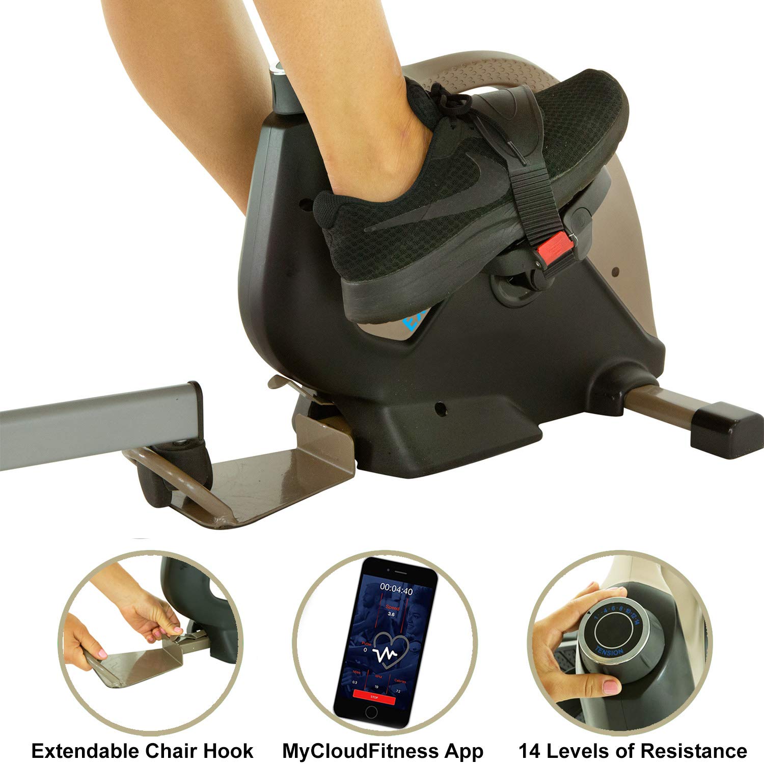 EXERPEUTIC Bluetooth Under Desk Exercise Bike - Adjustable Pedal Bike for Office & Home Workout with Extendable Chair Hook, Free MycloudFitness App - Gold & Black (7149) | Compact Cycling Machine for Sedentary Workers, Home Gym & Small Spaces