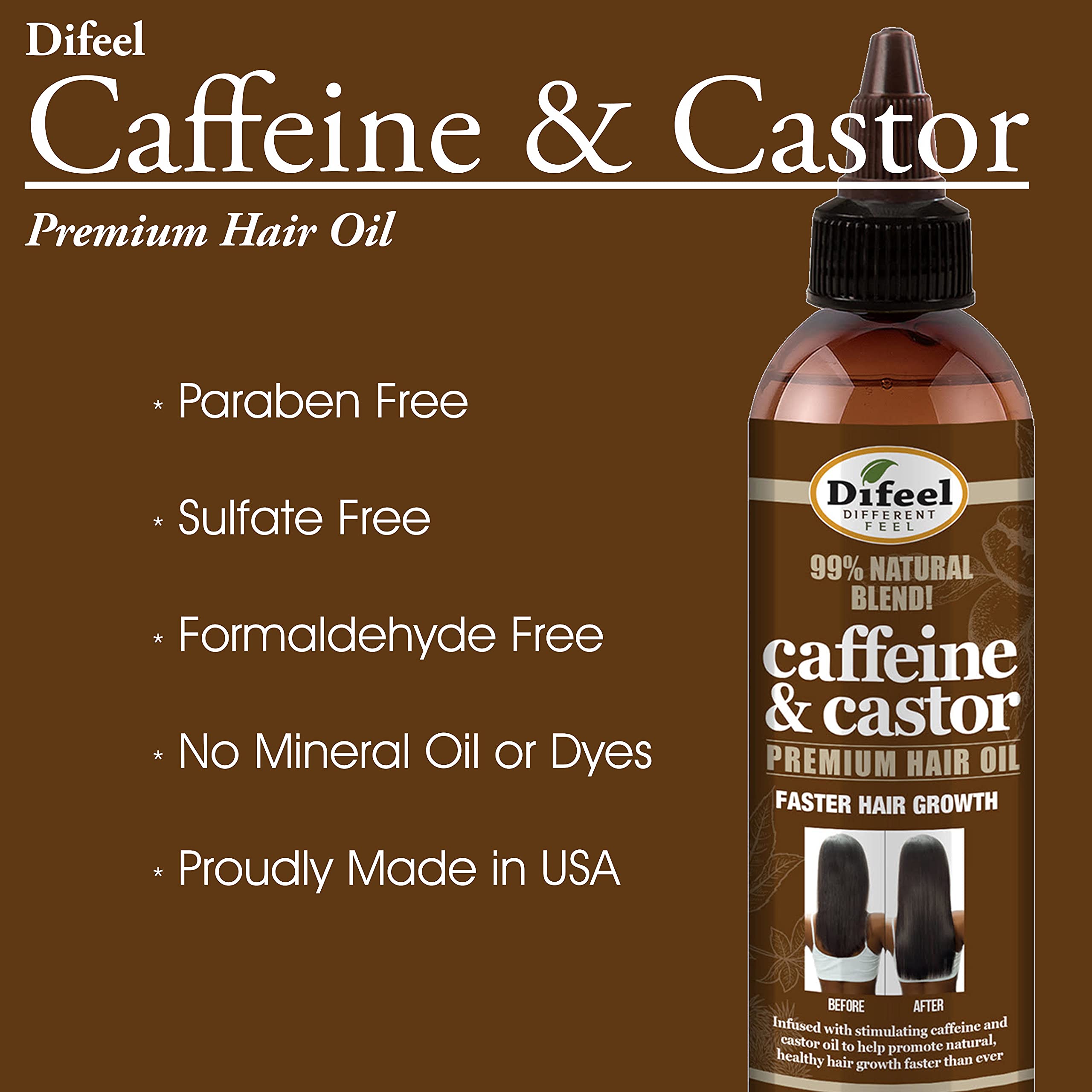 Difeel 99% Natural Premium Hair Growth Oil with Caffeine & Castor Oil - 8 oz Fast Absorbing Treatment for Thicker, Longer Hair - Perfect for Daily Use, Scalp Massage & Overnight Hair Care